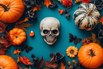 A flat lay composition of pumpkins, flowers, and leaves with a skull centerpiece on a teal...