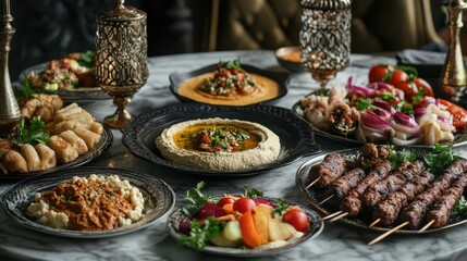 Obraz premium A table full of Arabic food assortment with a variety of dishes including meat, vegetables, and dips