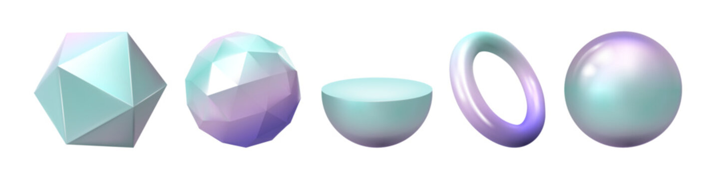 Modern multicolor 3d metal object, futuristic design with neon gradient. Vector isolated set of geometric holographic gradient shapes. Sphere and torus, semisphere and polygonal sides of form