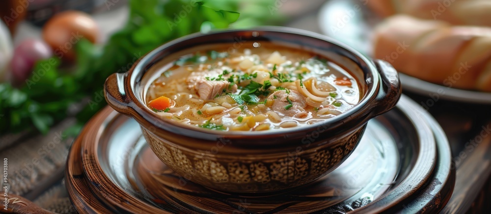 Aufkleber chicken broth containing homemade noodles chicken hearts and finely chopped green onions the soup is