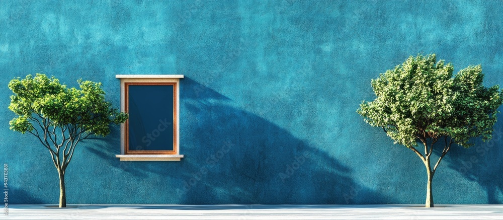 Poster Textured blue concrete wall a window and two trees. with copy space image. Place for adding text or design