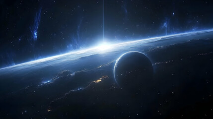 Obraz premium A lone planet with a bright light in the distance.