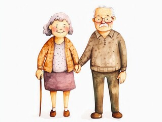 Whimsical illustration of an elderly couple holding hands, showcasing love and companionship in their golden years.
