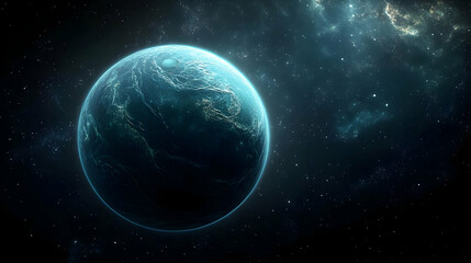 Obraz premium A lone planet with a glowing blue surface shines against a backdrop of distant stars and nebulae.