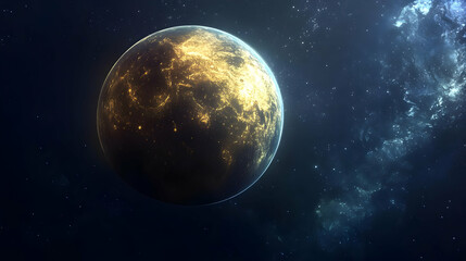 Fototapeta premium A lone planet with a glowing surface and a swirling nebula in the background.