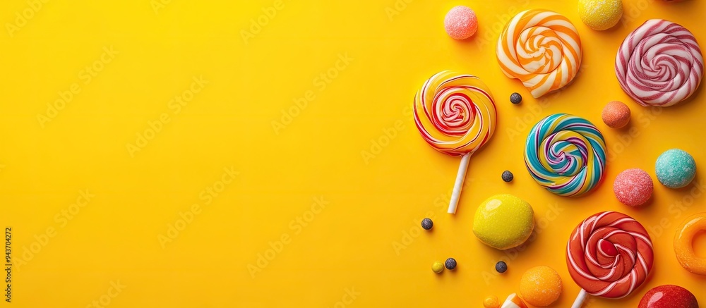 Fototapete colorful spiral lollipops and a variety of candies on a yellow background. with copy space image. pl