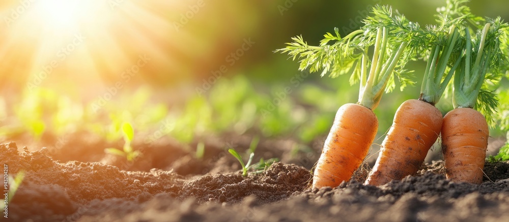 Poster harvest mature carrots in the garden with a backdrop of the carrot field. with copy space image. pla