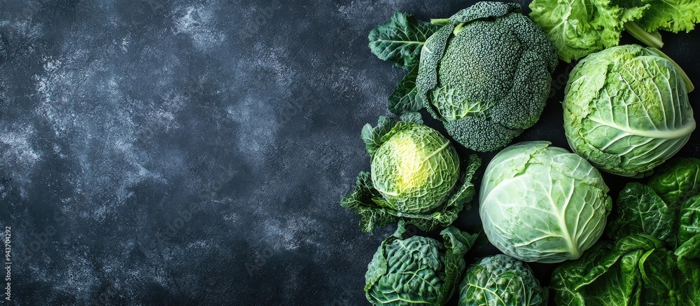Leinwandbilder Various fresh cabbages on a table top view Nutritious food. with copy space image. Place for adding text or design
