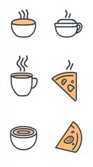 Fototapeta premium The illustration showcases an array of modern restaurant items, including cups of coffee, soups, and slices of pizza, presented in a clean design