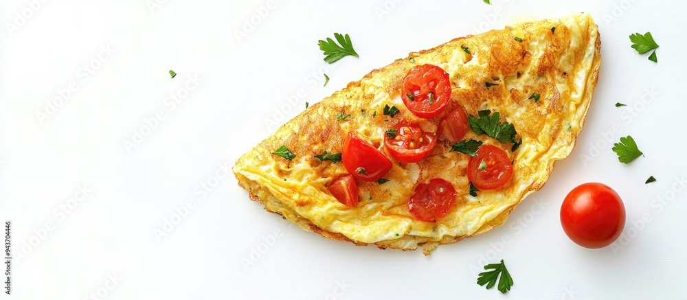 Aufkleber Stuffed omelette with tomatoes set against a white background Nutritious breakfast option. with copy space image. Place for adding text or design