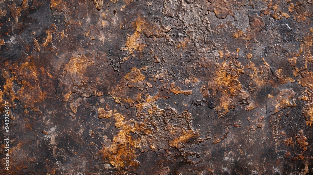Poster flat lay of a corroded iron surface with visible flaking and deep rust spots, ideal for a gritty, ag