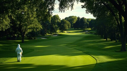 A serene morning on a golf course, featuring a lush green landscape and a solitary figure dressed in white contemplating the game.