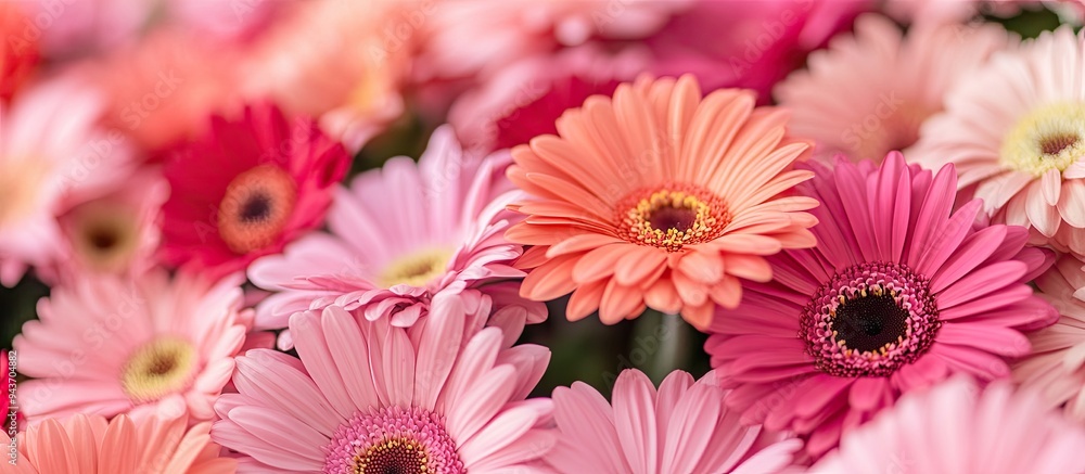 Poster collage of pink gerbera daisies. with copy space image. place for adding text or design