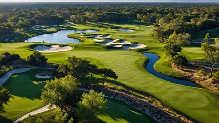 Aerial view of a lush golf course with water features and well-maintained greens, perfect for outdoor sports enthusiasts.