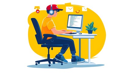 A young male programmer is sitting at his desk. He has headphones on, and the computer screen shows code