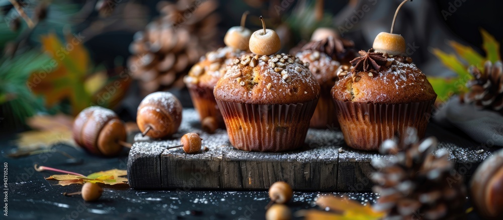 Poster Acorns in green muffins on a black background with copy space Low key