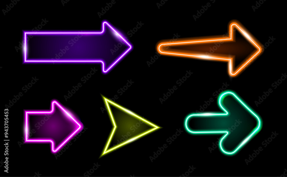 Poster Neon arrow realistic set of pointers showing direction to right. Vector icons set of indicators for advertising or banners. Directing and indicating way, sign of next or forward symbols