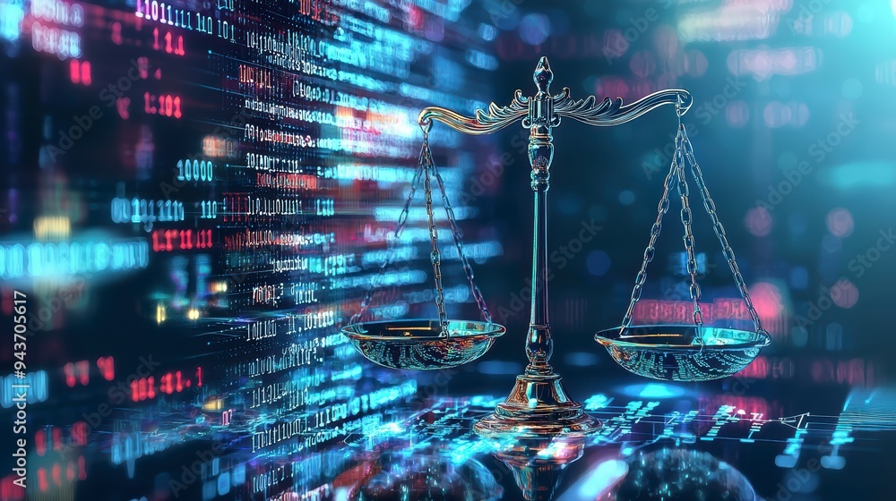 Aufkleber the digital scales of justice against the backdrop of data and code symbolize the rule of law in the