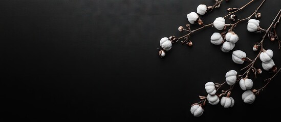 Cotton branch on black background top view copy space