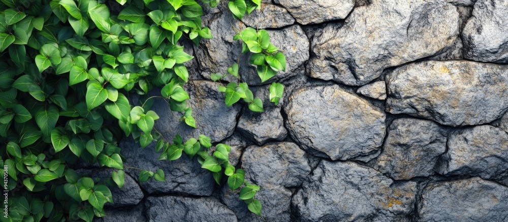 Aufkleber leaves of a green plant emerging from a stone wall. with copy space image. place for adding text or 