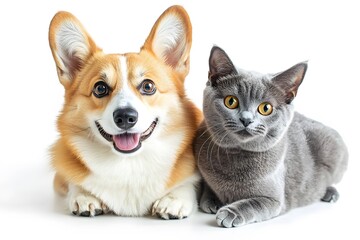 Obraz premium A Corgi Dog and a British Shorthair Cat Posed Together in a Minimalist Studio Setting with a White Background. Marketing Banner for Pet Shop, Veterinary Clinic.