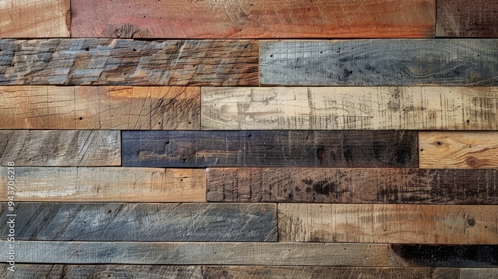 Poster flat lay of a reclaimed wood surface with mixed tones and textures, ideal for a unique background
