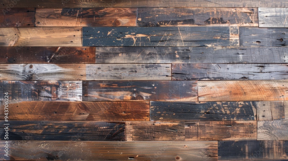 Poster flat lay of a reclaimed wood surface with mixed tones and textures, ideal for a unique background