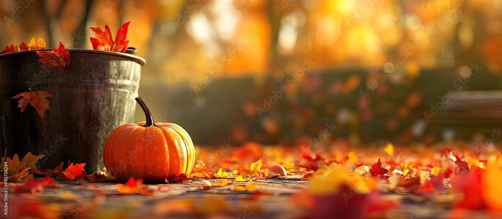 Fototapete A fall themed backdrop highlighting a small pumpkin in sharp focus while a bucket and autumn leaves are blurred in the background. with copy space image. Place for adding text or design