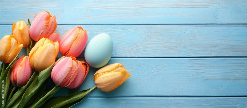 Poster easter eggs beside tulips on a blue wooden surface. with copy space image. place for adding text or 