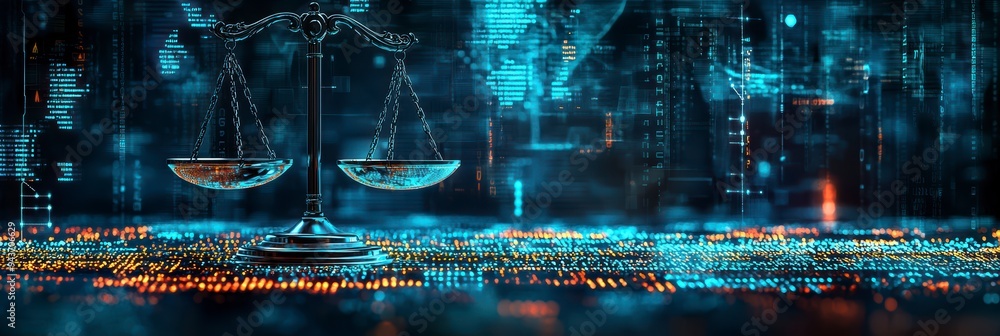 Aufkleber the digital scales of justice against the backdrop of data and code symbolize the rule of law in the
