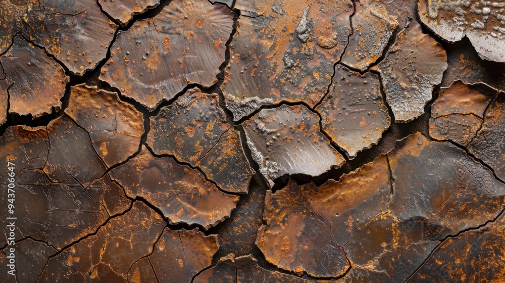 Poster flat lay of a rusted iron surface with deep cracks and flaking