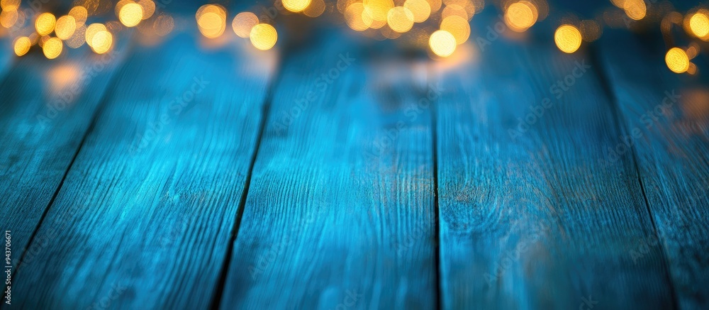 Leinwandbilder decorative bokeh lights on a blue wooden surface christmas backdrop. with copy space image. place fo