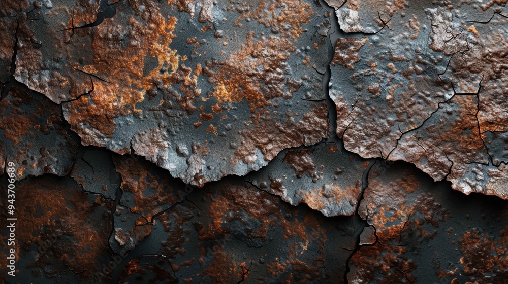 Poster flat lay of a rusted iron surface with deep cracks and flaking