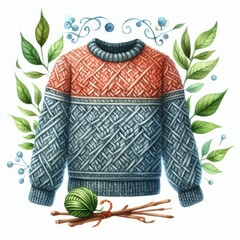 Knitted sweater, watercolor clipart illustration with isolated background.
