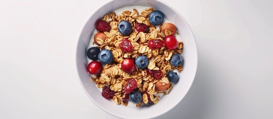 Muesli bowl with organic ingredients for a healthy breakfast Granola nuts blueberries cranberries oatmeal Greek yogurt and whole grain flakes on a white table. with copy space image