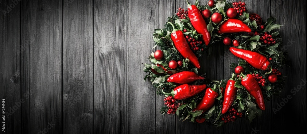 Aufkleber peppers on a christmas wreath wooden background in black and white sepia tone. with copy space image