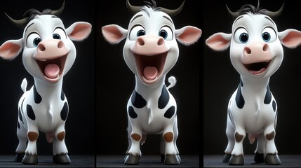 Obraz premium A cheerful cartoon cow with a big smile, displayed in three different poses.