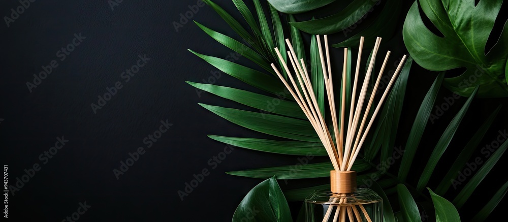 Aufkleber Aroma reed diffuser home fragrance featuring rattan sticks against a black backdrop with palm leaves. with copy space image. Place for adding text or design