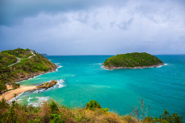 Promthep cape viewpoint there are small islands in the sea at blue sky in Phuket,Thailand in a bright day