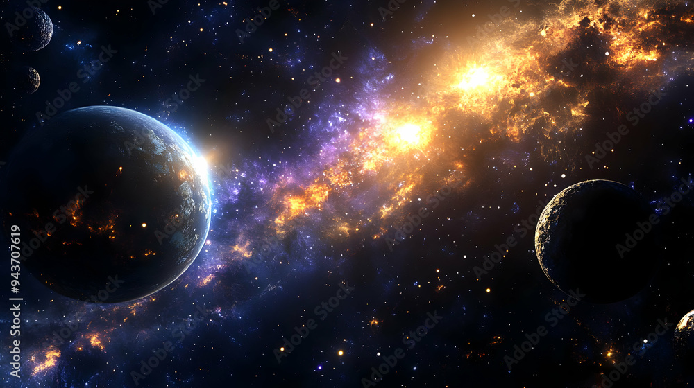 Poster a majestic view of a planet with an exploding star in the background.