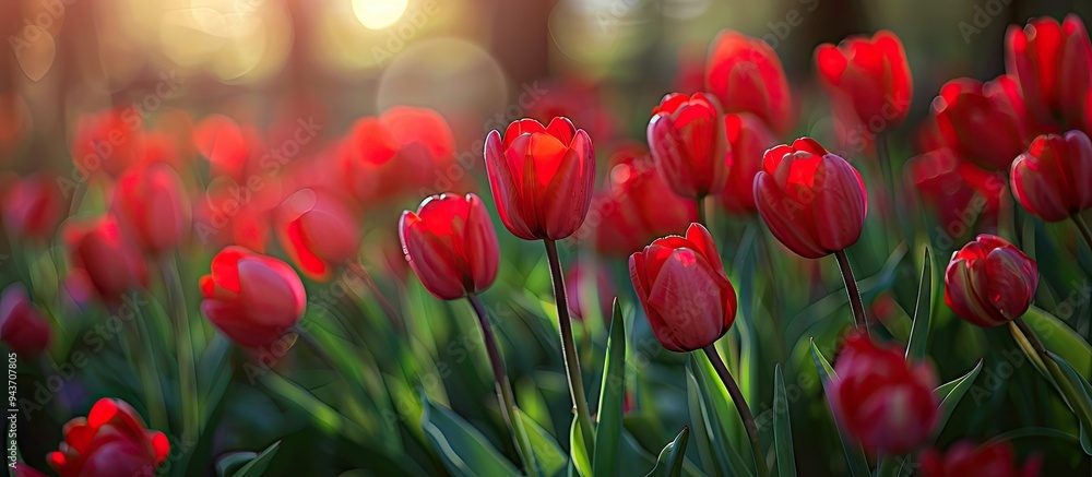 Poster close up of red tulips in bloom on a flowerbed. with copy space image. place for adding text or desi