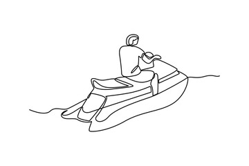 Single continuous line drawing of young man drive jet ski at the sea. Sea activity minimalist concept. Trendy one line draw design vector graphic illustration