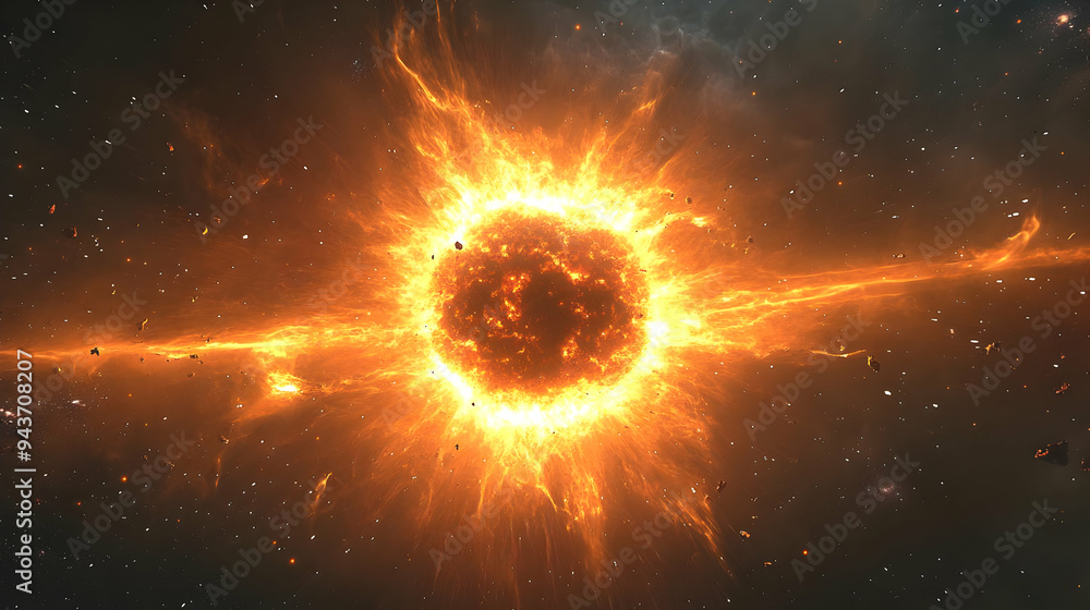 Poster a massive star explodes in a supernova, sending out a shockwave of energy and debris.
