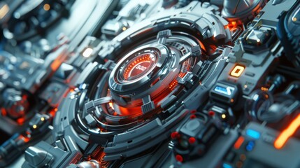 Fototapeta premium Close-up of a futuristic control panel featuring intricate designs and glowing elements, perfect for technology themes.