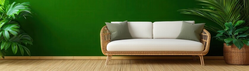 Eco-friendly lounge area with rattan sofa, plants, and bamboo flooring, Eco-Friendly Furniture, Natural Interior