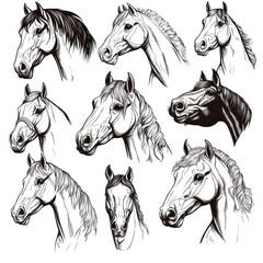 A collection of horse head illustrations in various styles and expressions.