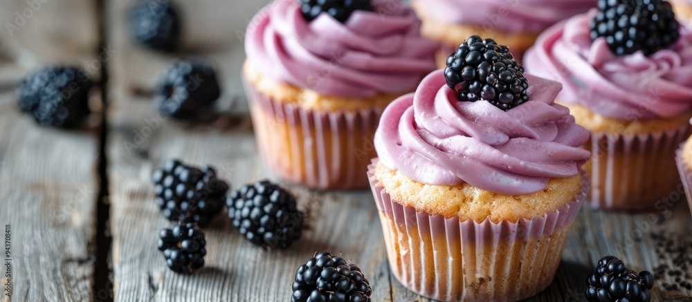 Aufkleber organic blackberry cupcakes on a wooden table. with copy space image. place for adding text or desig