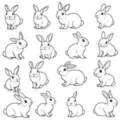 Fototapeta premium A collection of cute, illustrated rabbits in various poses.