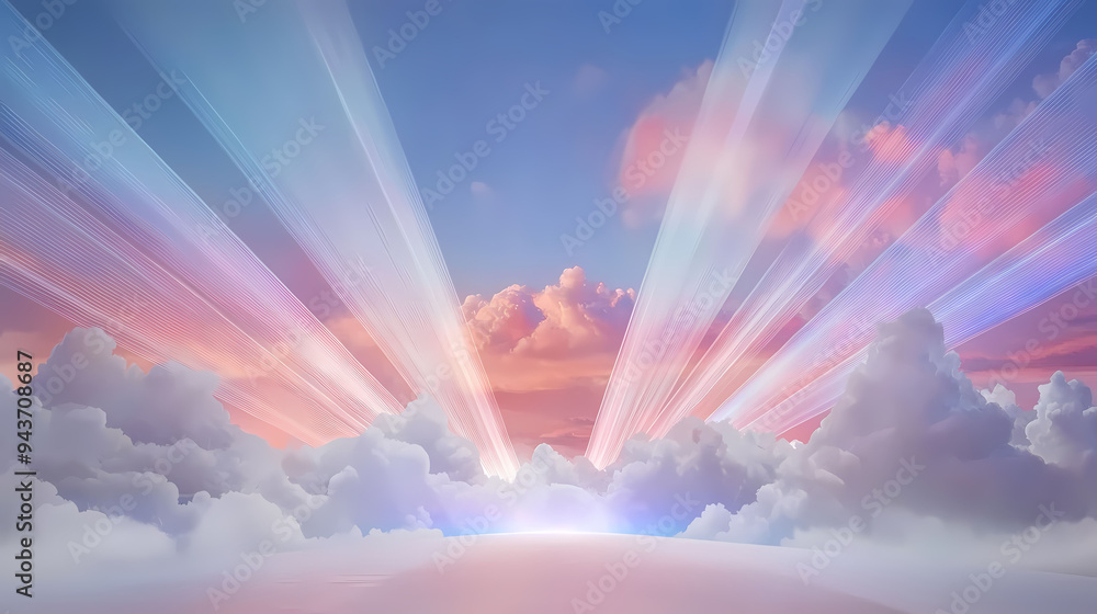 Poster bright rays of light burst through fluffy clouds at sunrise, creating serene and uplifting atmospher