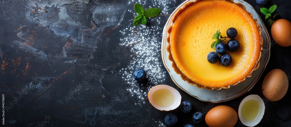 Poster flan cake is a sweet dessert made with baking eggs cream and shortbread dough perfect for fresh eati